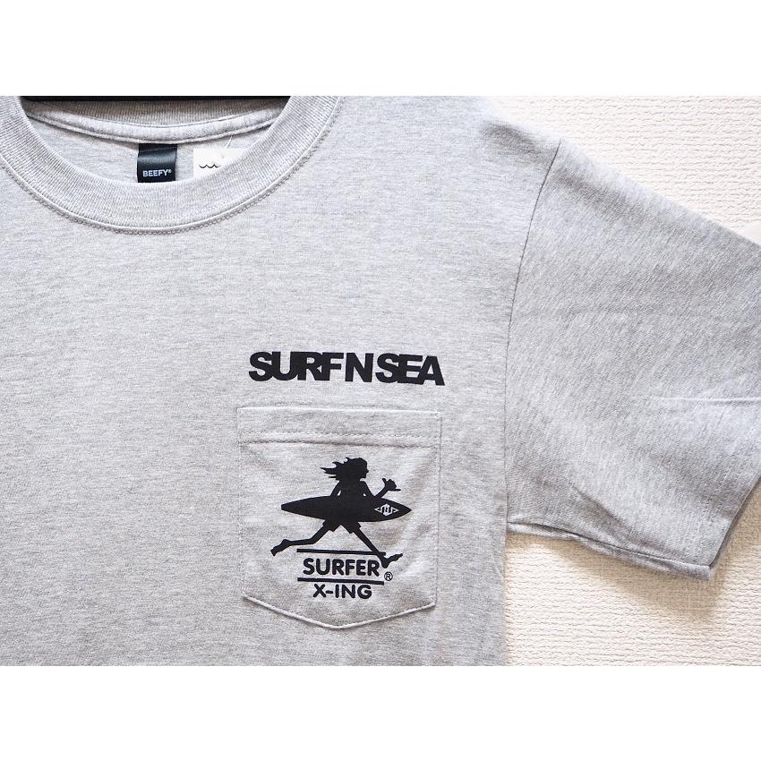 SURF N SEA サーフアンドシー　Tシャツ　メンズ　オリジナル　サーファー横断注意看板ポケットTシャツ　ヘインズ   グレー　ハワイ　老舗サーフショップ｜suehiro-cop｜03