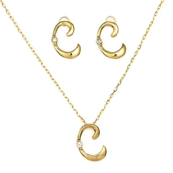 ネックレス レディース 18金 天然石K18 18k ダイヤモンド C イニシャル ピアス ネックレス セット商品 筆記体 人気 おすすめ 記念 オーダー