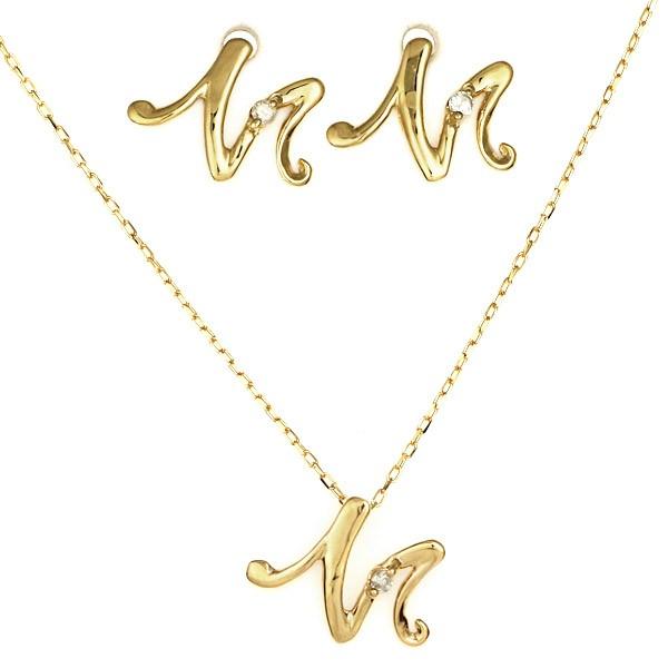 ネックレス レディース 18金 天然石K18 18k ダイヤモンド M イニシャル ピアス ネックレス セット商品 筆記体 人気 おすすめ 記念 オーダー