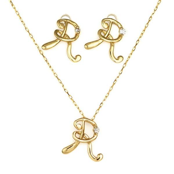 ネックレス レディース 18金 天然石K18 18k ダイヤモンド R イニシャル ピアス ネックレス セット商品 筆記体 人気 おすすめ 記念 オーダー