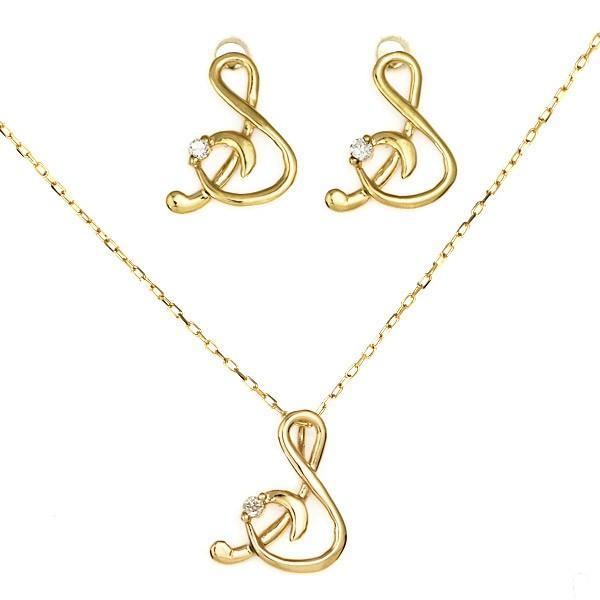 ネックレス レディース 18金 天然石K18 18k ダイヤモンド S イニシャル ピアス ネックレス セット商品 筆記体 人気 おすすめ 記念 オーダー