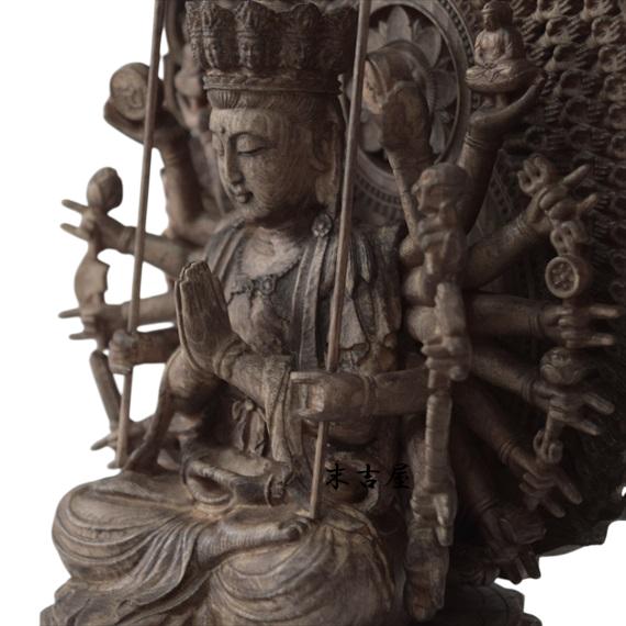 千手観音 手彫り木彫り仏像 全高25cm 風水では財物や幸せをかき集める像 木彫り 仏像 千手観音 千手観音菩薩 千手観音像 座像 仏教美術 置物