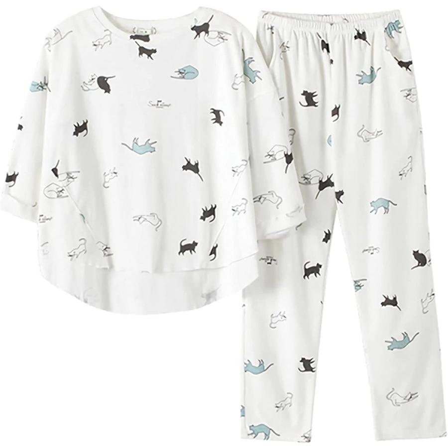 997円 開店祝い Mohsily パジャマ レディース 長袖パジャマ 春 夏 秋 ルームウェア 部屋着 ナイトウェア 猫柄 ねこ 長袖 薄手 ゆったり 可愛い かわいい