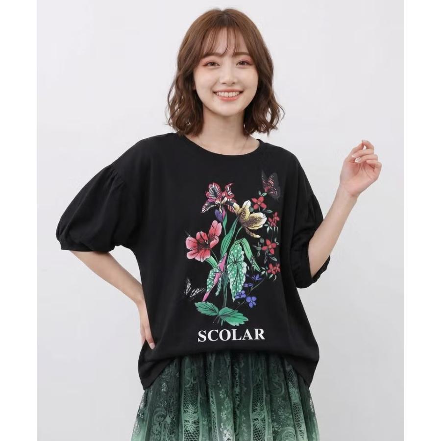ScoLar（スカラー） ロゴ 熱帯花柄 ドライタッチ 袖ギャザー入り T 