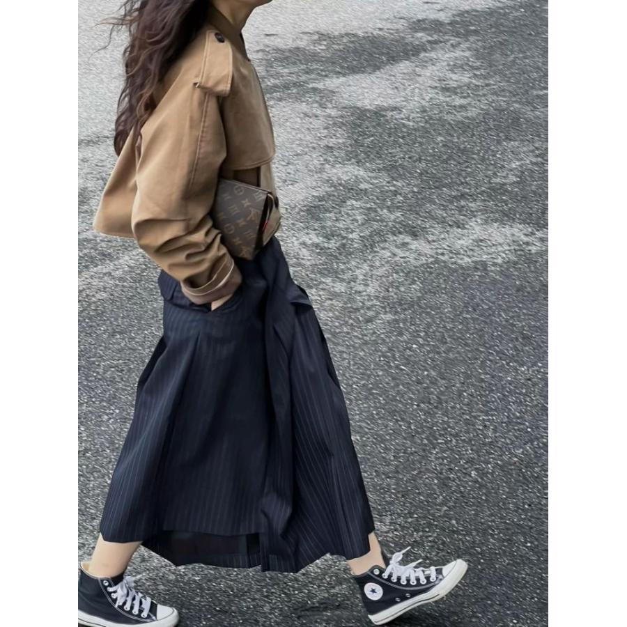 巻きスカート風 ストライプ プリーツ スカート ロング マキシ丈