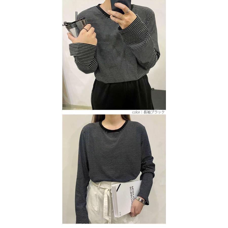 クルーネック 細ボーダー Tシャツ 韓国ファッション【atp203-071