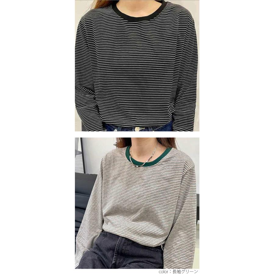 クルーネック 細ボーダー Tシャツ 韓国ファッション【atp203-071  