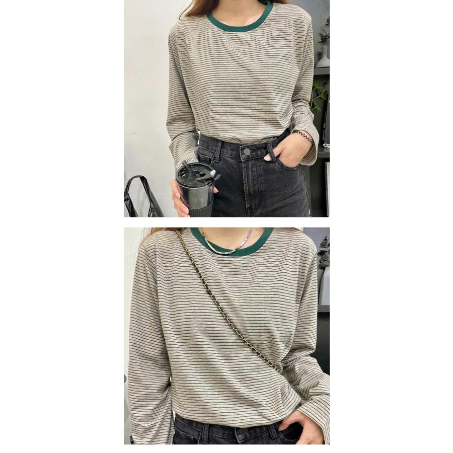 クルーネック 細ボーダー Tシャツ 韓国ファッション【atp203-071