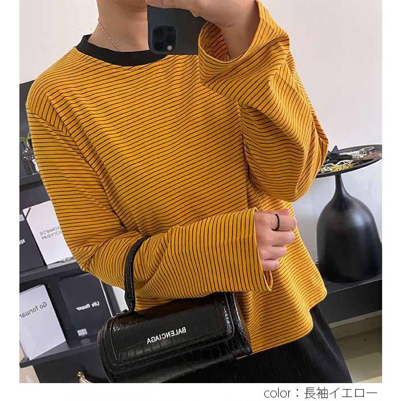 クルーネック 細ボーダー Tシャツ 韓国ファッション【atp203-071