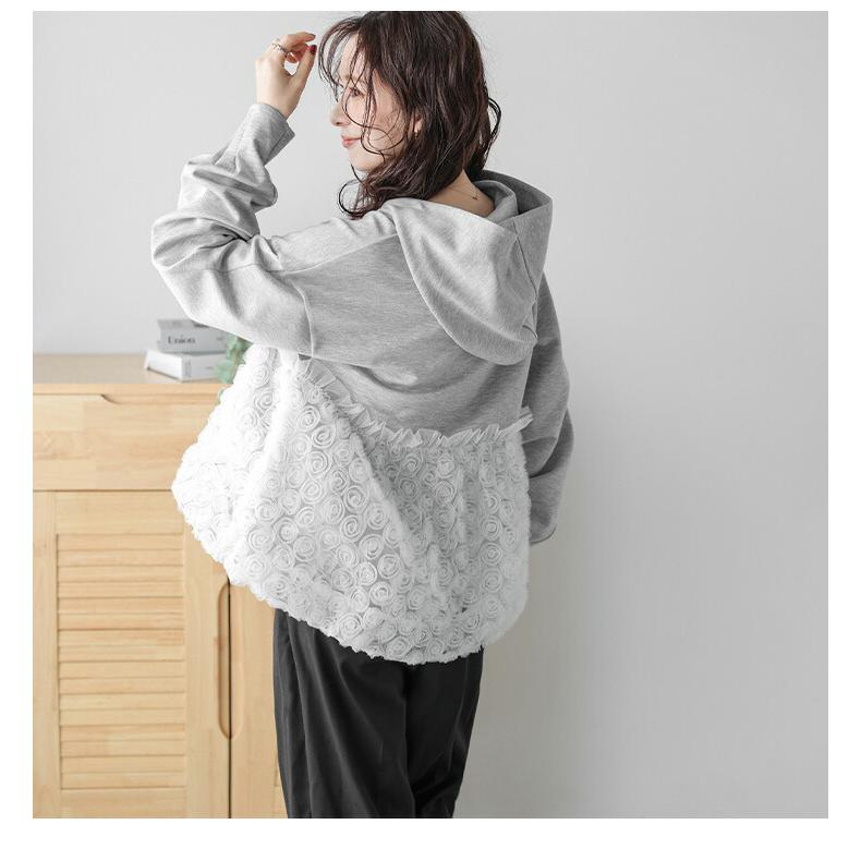 チュール フラワー ギャザーフリル レースアップ ドッキング パーカー 体型カバー チュール フラワー ギャザーフリル レースアップ ドッキング パーカー