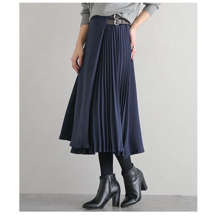 プリーツスカート 冬 40代 ラップ スカート サイドプリーツ ロング