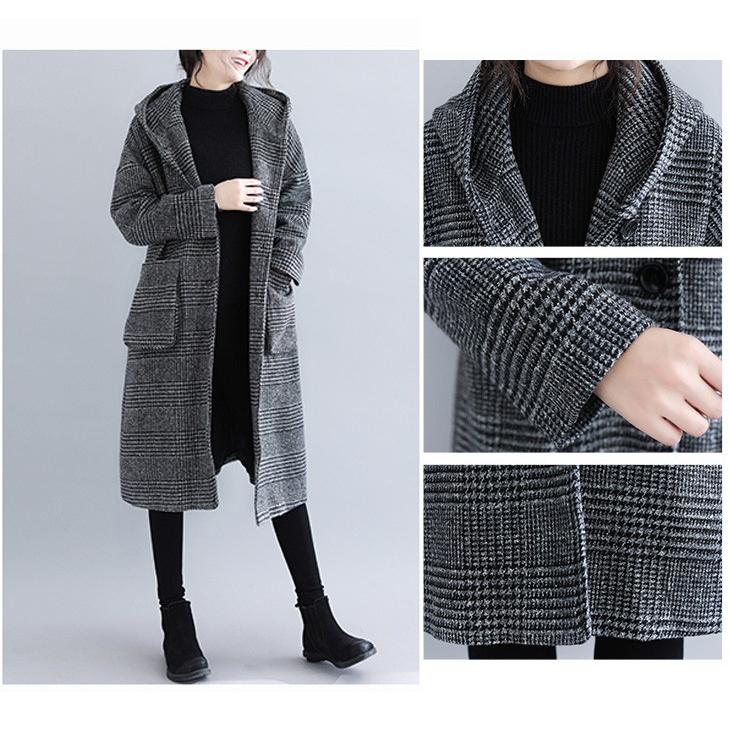 グレンチェックコートレディースアウターフーデットフードロング丈