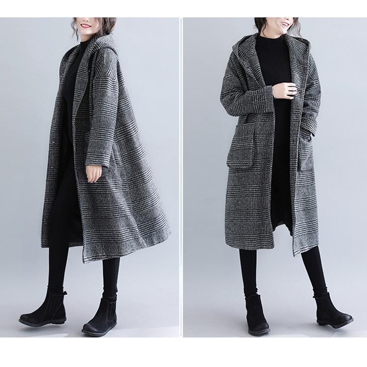 グレンチェックコートレディースアウターフーデットフードロング丈