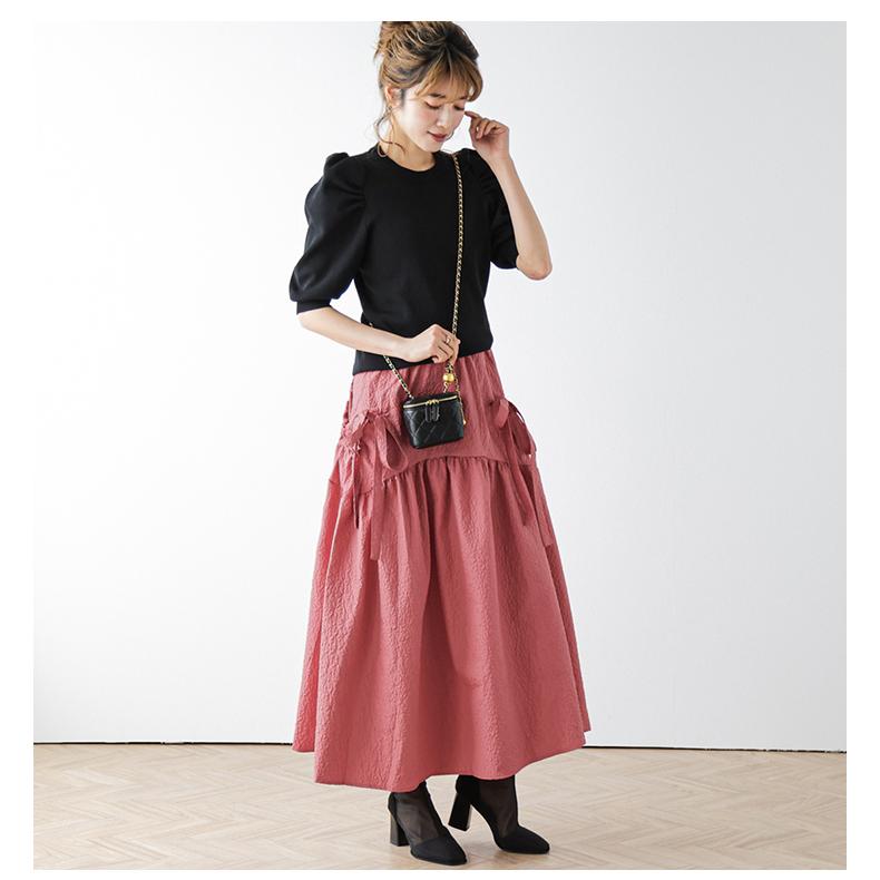 フレアスカート ロング丈 ボリューム リップル生地 レディース