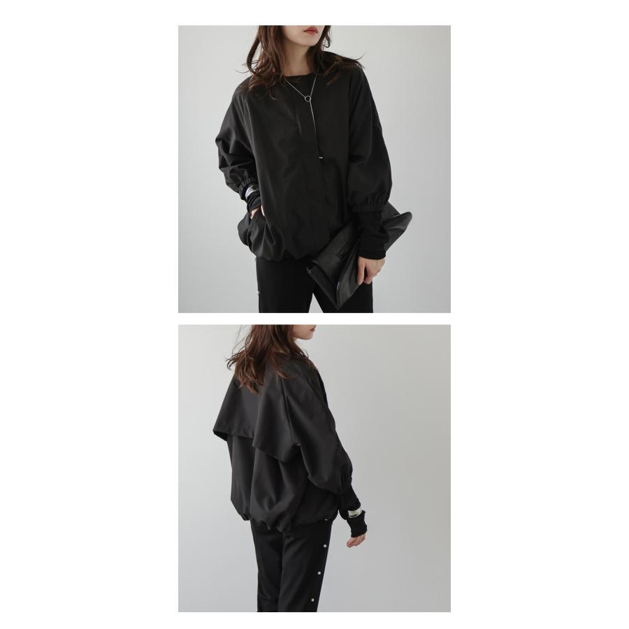 ノーカラー ボリュームスリーブ ブルゾン アウター 比翼仕立て 七分袖