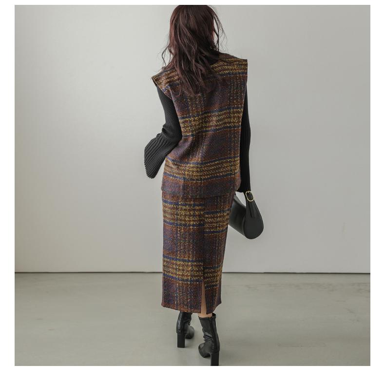 MARK&LONA チェック柄ベストとスカートセット セットアップ Vネック