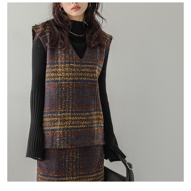 セットアップ Vネック ベスト スカート ツイード調 チェック柄 2点