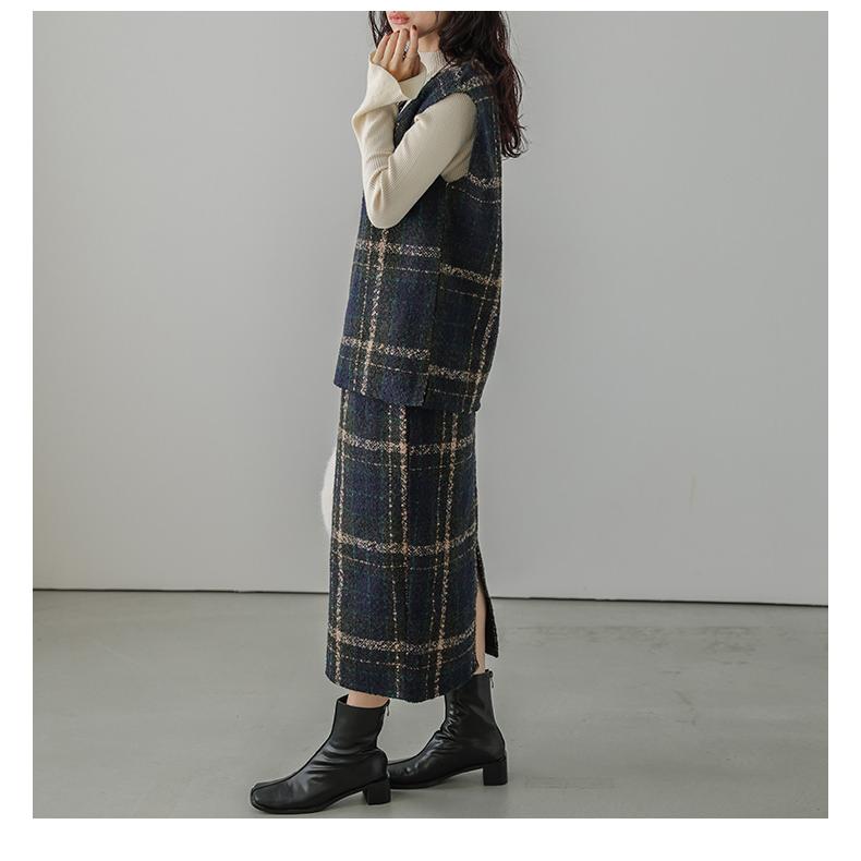 セットアップ Vネック ベスト スカート ツイード調 チェック柄 2点