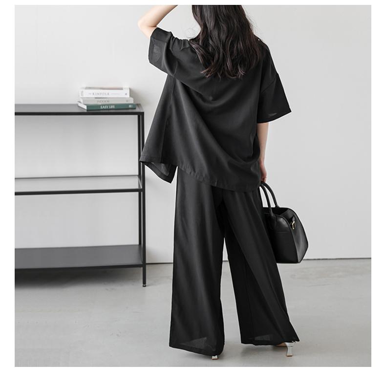 ブラック×2 上下セット ヨサ シャツ ワイドパンツ セットアップ ドロップショルダー タック