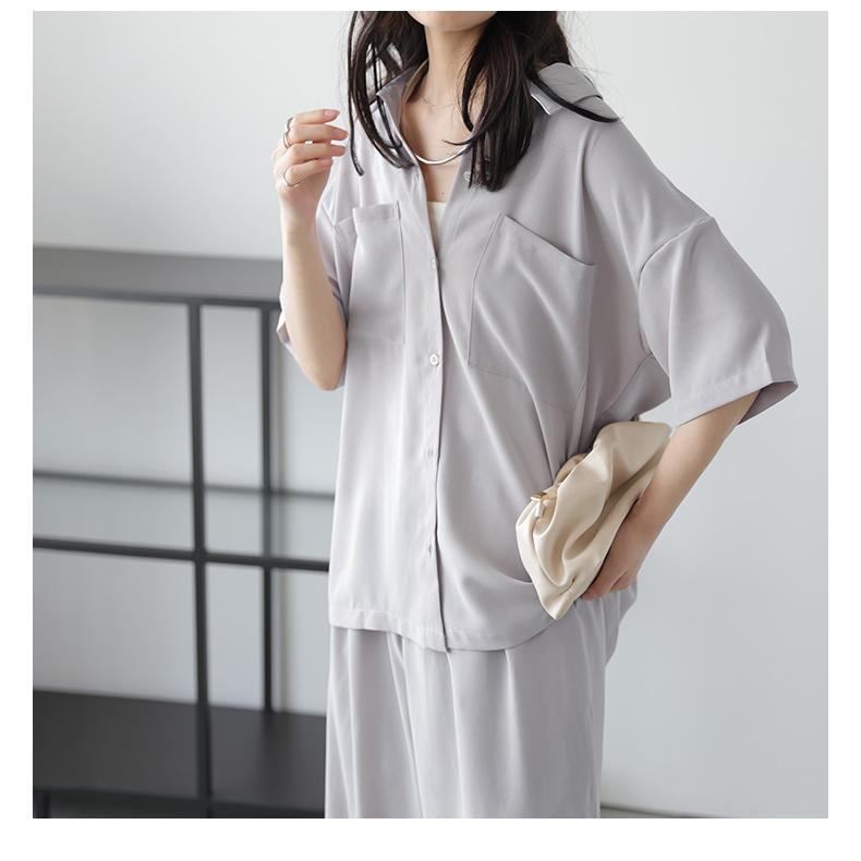 シャツ ワイドパンツ セットアップ ドロップショルダー タック