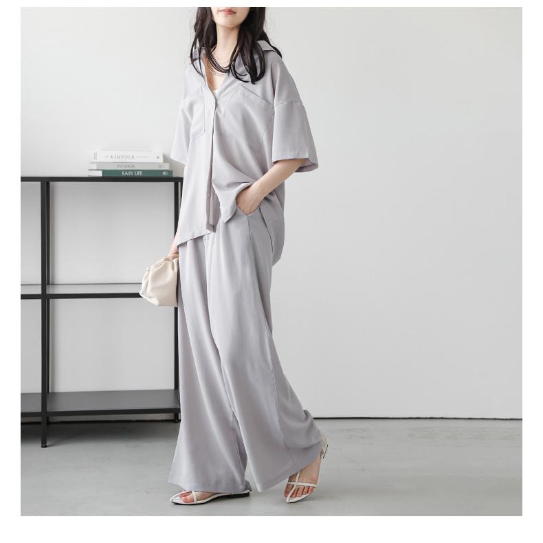 シャツ ワイドパンツ セットアップ ドロップショルダー タック