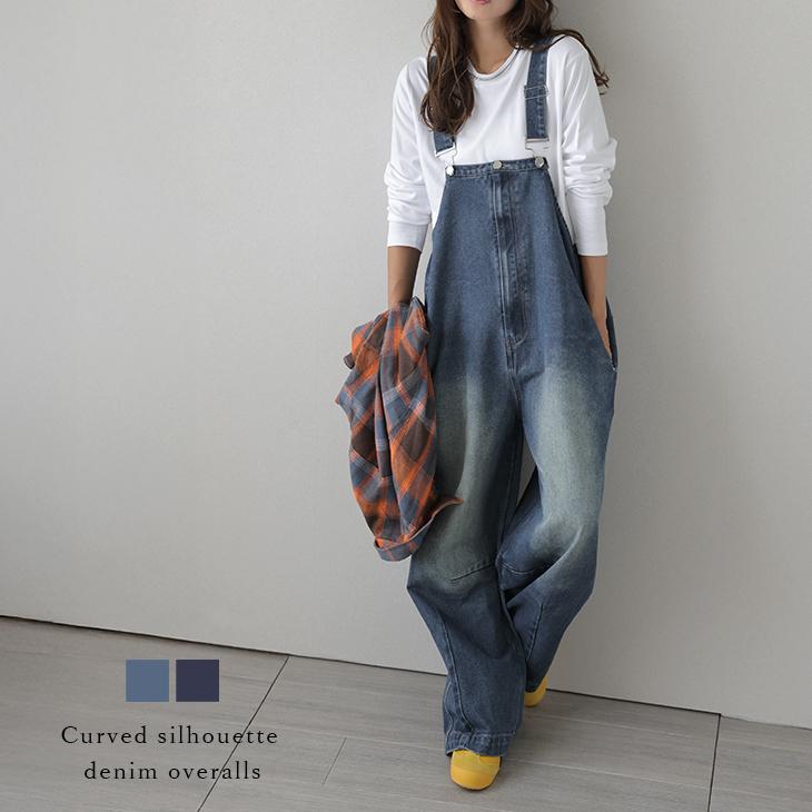 デニム オーバーオール カーブパンツ オールインワン サロペット 2025