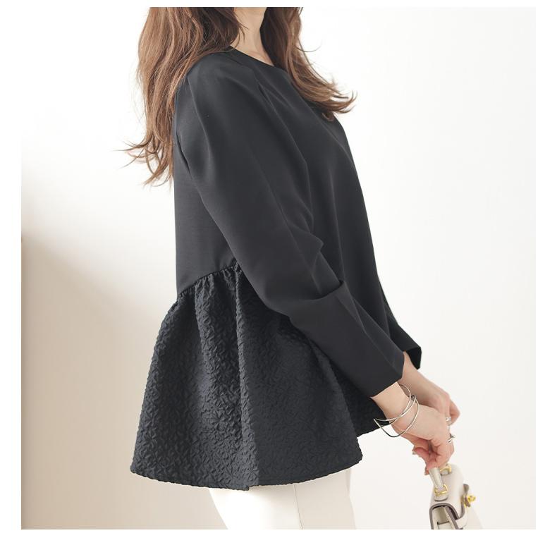 新品　カベサロッソ　ジャガードぺプラムトップス　ブラック ペプラムトップス 異素材 ドッキング ジャガード生地 ふんわり 長袖