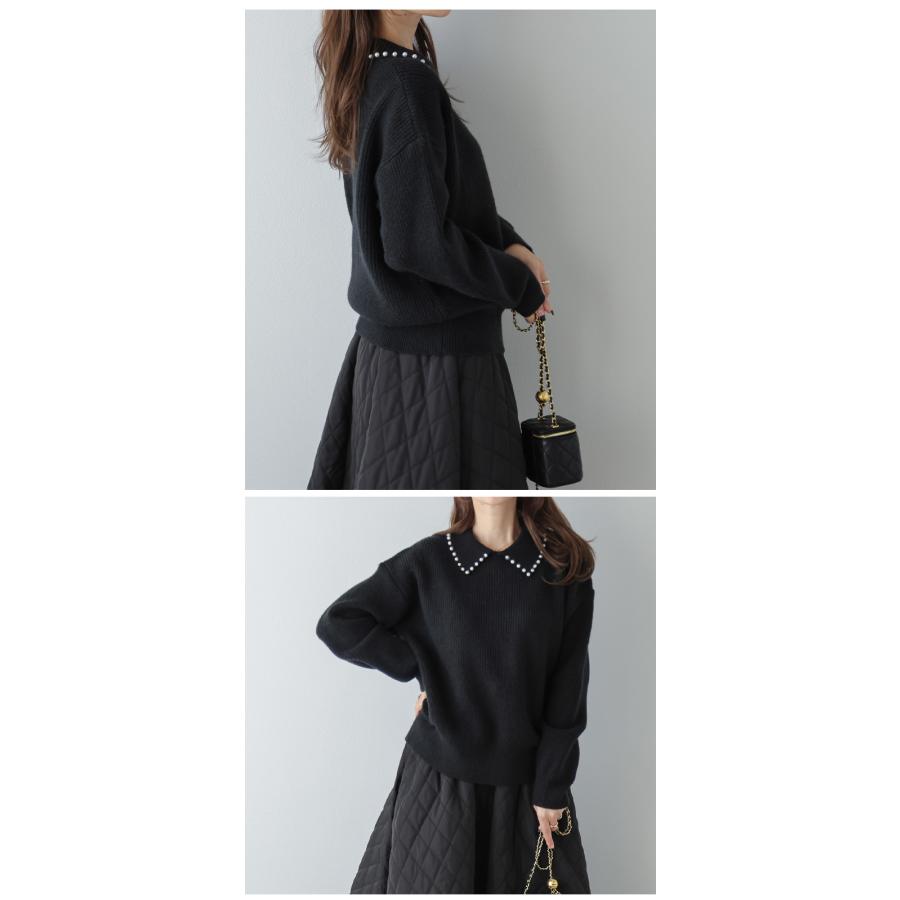 （大きいサイズ）23区【R】黒いパール付き襟ニットトップス 襟ニットトップス パール調 大人可愛い トップス 2025春夏【lstp304