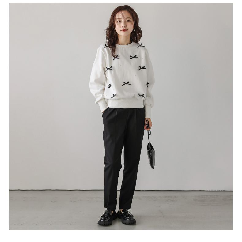 裏起毛 リボン パール スウェット もこもこ トレーナー 長袖 ガーリー