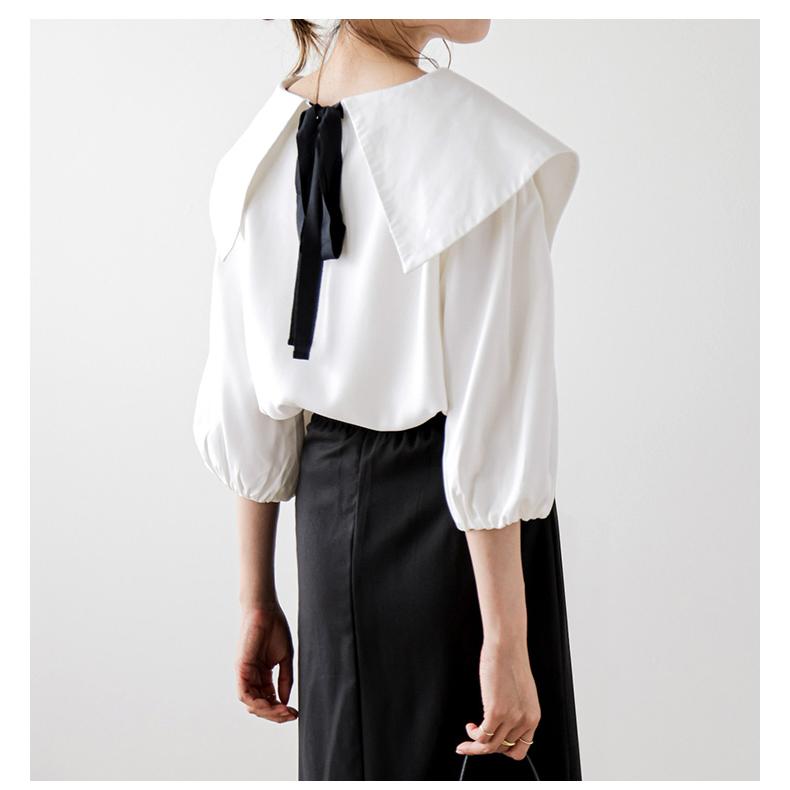 慈雨 かぶら刺繍ブラウス アシンメトリー 黒×白　総柄 麻混シャンブレー単色アシンメトリー刺繍シャツブラウス