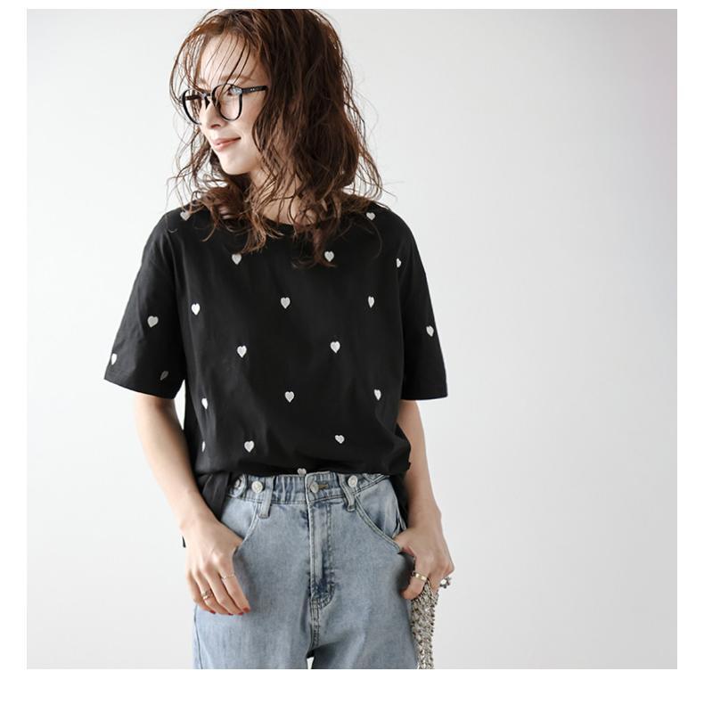 ハート トップス 刺繍 Tシャツ半袖 ラウンドネック 大人かわいい
