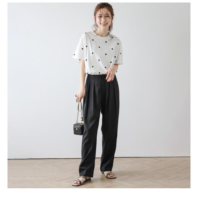 トップス Tシャツ ハート刺繍 カットソー  半袖 ラウンドネック ストレート 刺繍 かわいい 大人可愛い シンプル カジュアル 大人 大人可愛い 大人女子 こなれ感 ハート トップス 刺繍 Tシャツ半袖 ラウンドネック 大人かわいい