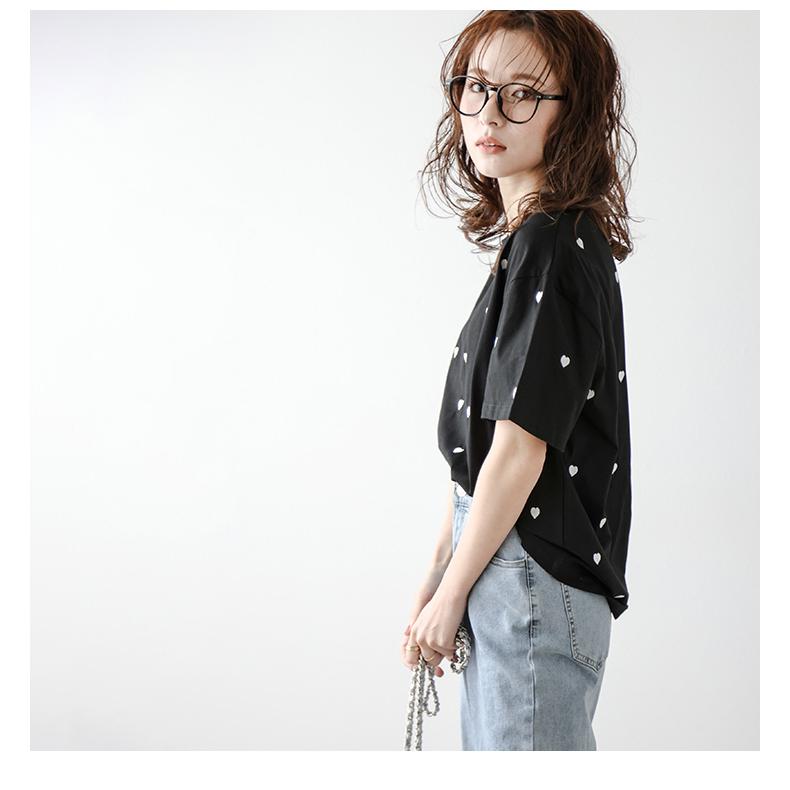 トップス Tシャツ ハート刺繍 カットソー  半袖 ラウンドネック ストレート 刺繍 かわいい 大人可愛い シンプル カジュアル 大人 大人可愛い 大人女子 こなれ感 ハート トップス 刺繍 Tシャツ半袖 ラウンドネック 大人かわいい