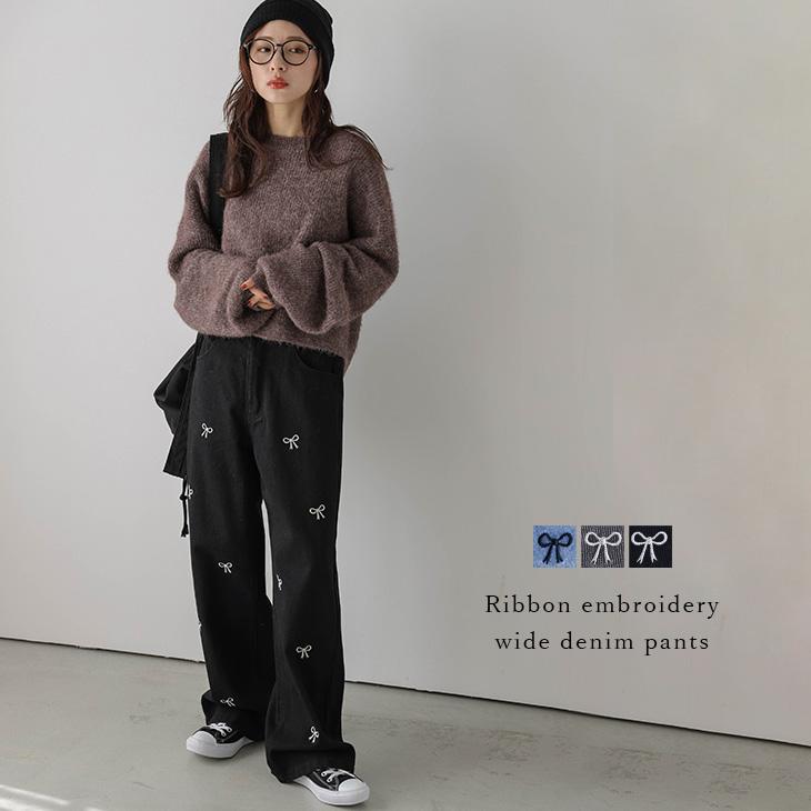 デニム パンツ ボトムス ワイドパンツ リボン 刺繍 ハイウエスト