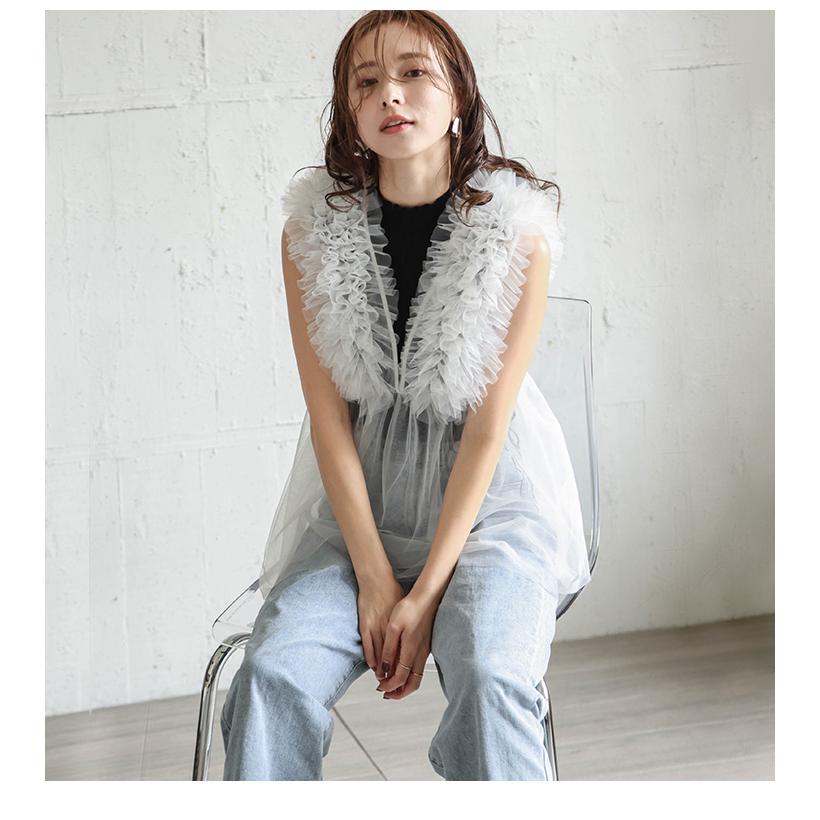 トップス チュール フリル ペプラム シアー 透け感 フェミニン 2025春