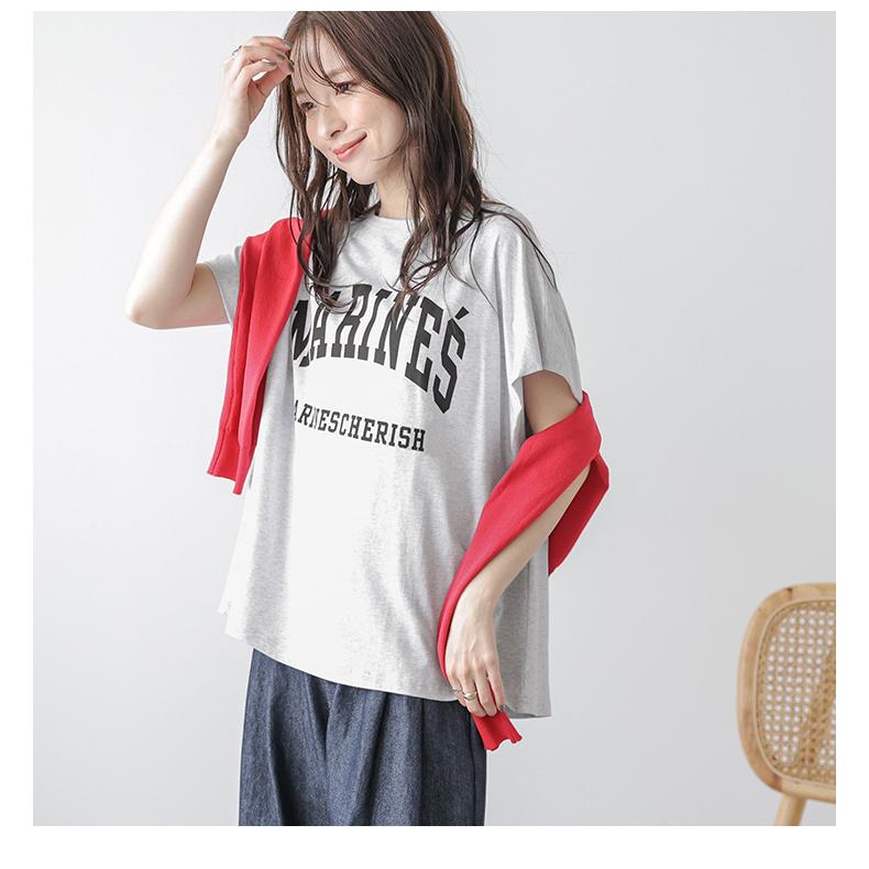 カレッジ風ロゴ ロゴTシャツ プリントTシャツ タックスリーブ フレンチ