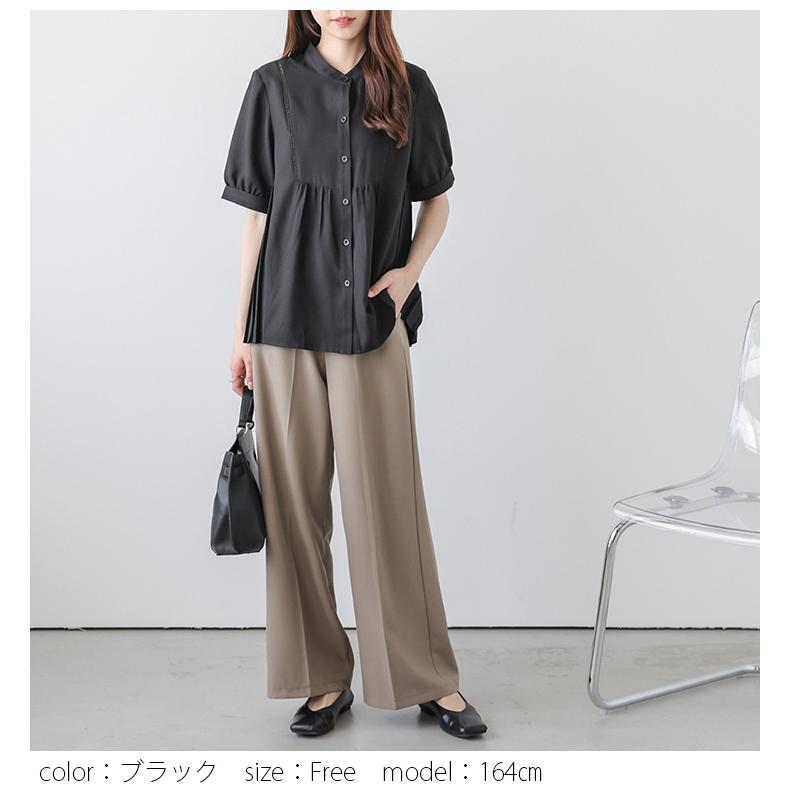 ブラウス サイドプリーツ ペプラム バンドカラー ハシゴレース2025春夏