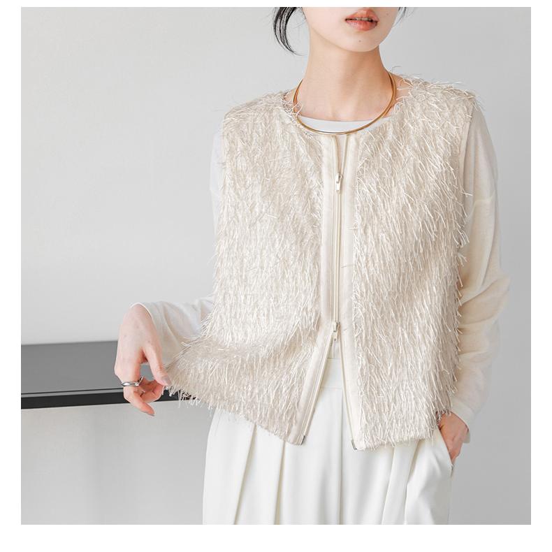 ダブルジップ ラメ フリンジ ベスト レイヤード ショート丈 レディース