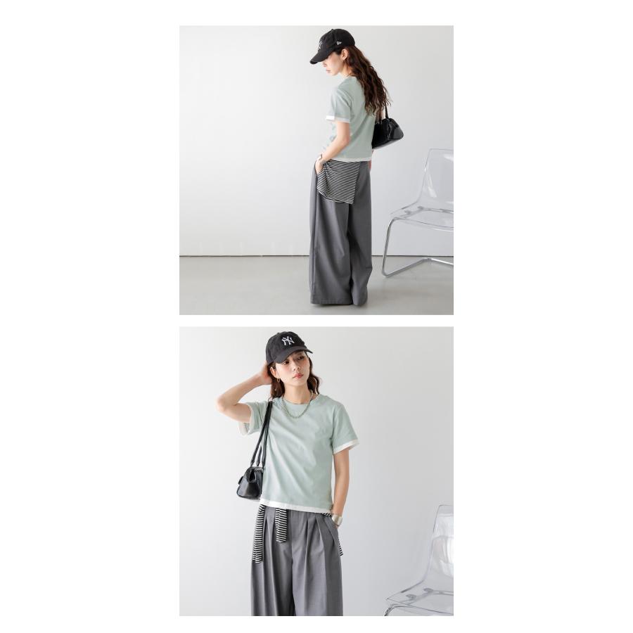 レイヤード風 バイカラー Tシャツ 半袖 配色 トップス コンパクト