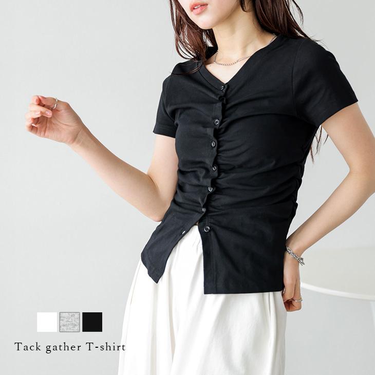 フロントタック ウエストサイドギャザー Tシャツ トップス フィット