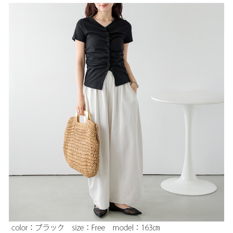 フロントタック ウエストサイドギャザー Tシャツ トップス フィット