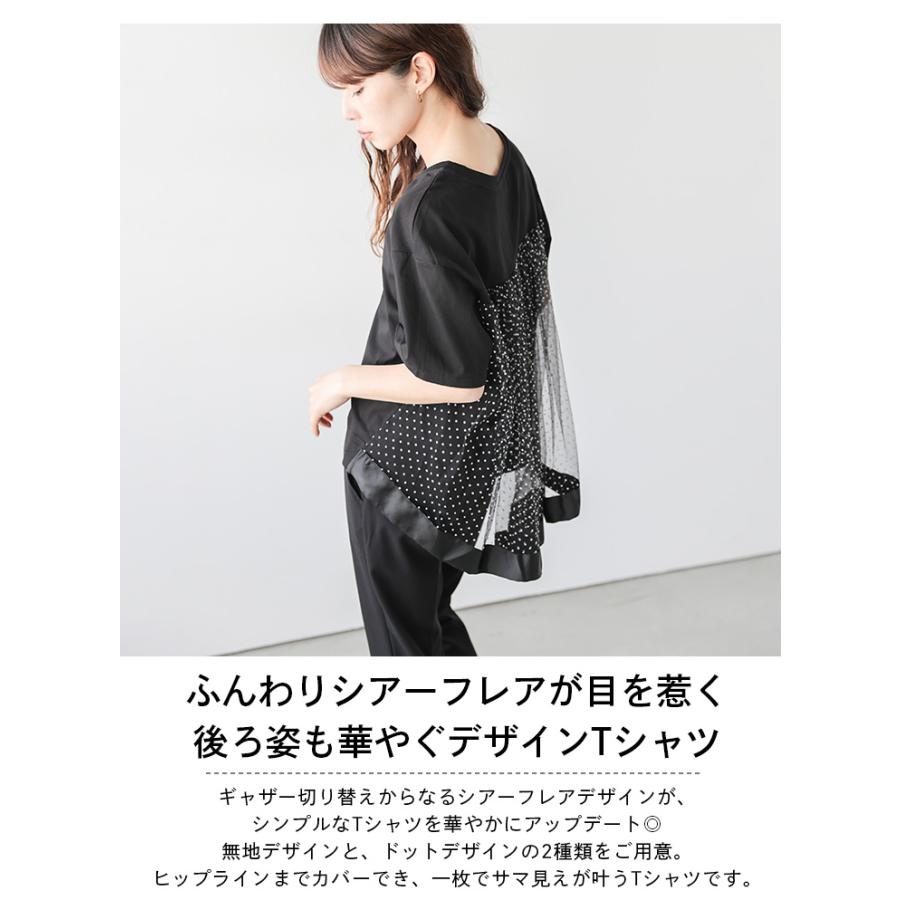 Tシャツ 半袖 ラウンドネック ドット バックギャザー シアー フレア