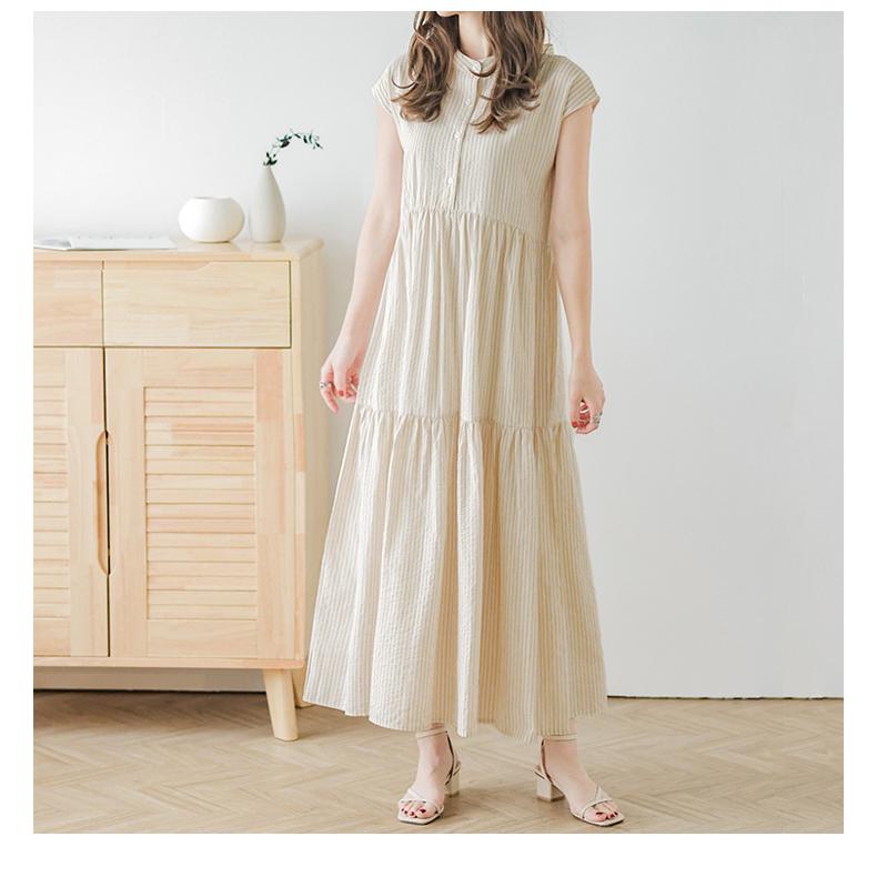 スタンドカラーストライプワンピース ロング カジュアル レディース