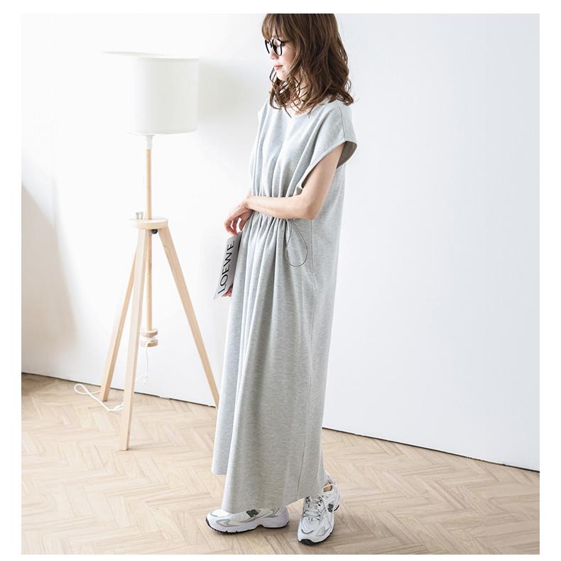 ワンピース ドロスト ロング丈 フレンチスリーブ ドローコード 楽ちん