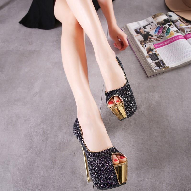 16cmヒール オープントゥパンプス レディース キラキラ ハイヒール