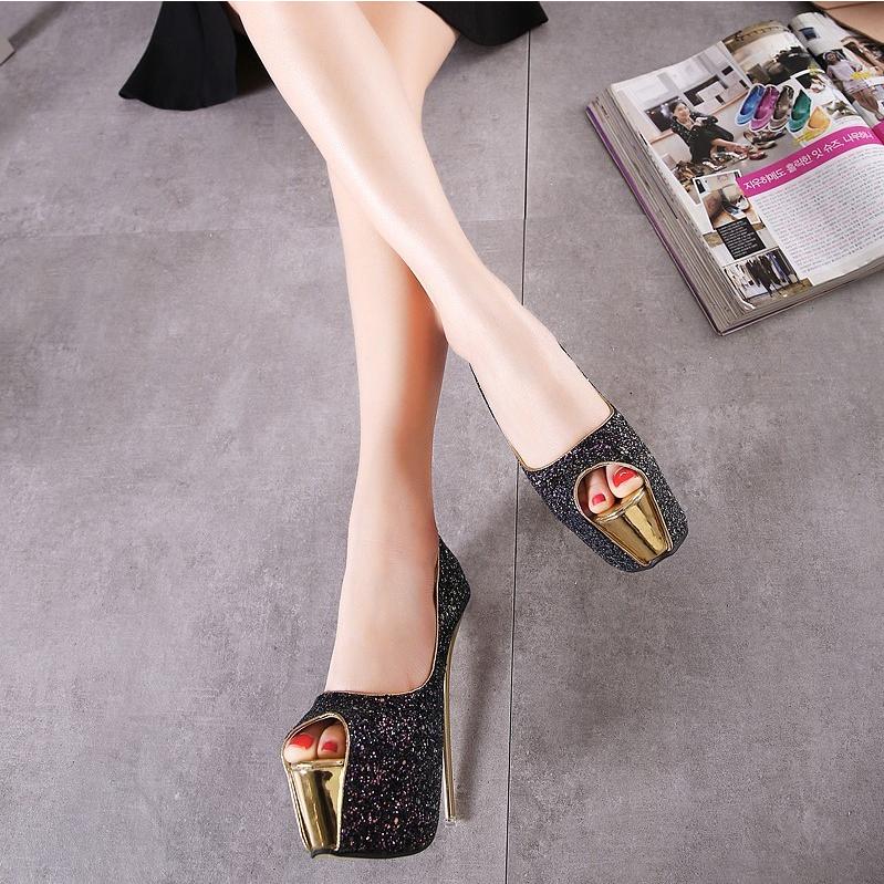 16cmヒール オープントゥパンプス レディース キラキラ ハイヒール