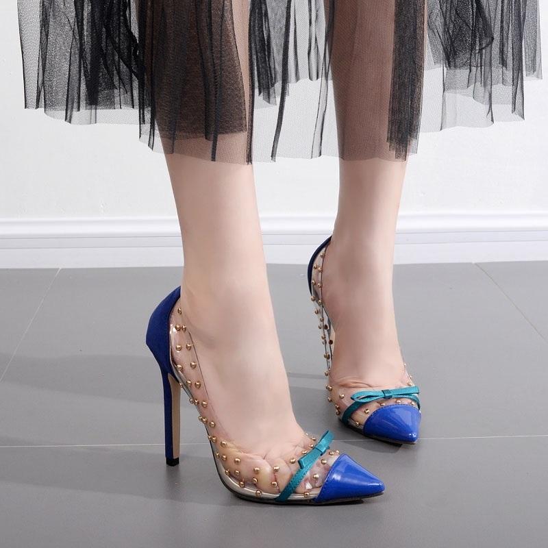 12cmヒール パンプス ピンヒール クリア リボン ハイヒール スタッズ