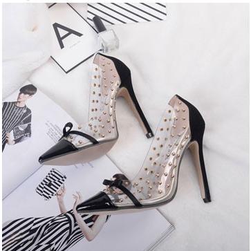 12cmヒール パンプス ピンヒール クリア リボン ハイヒール スタッズ