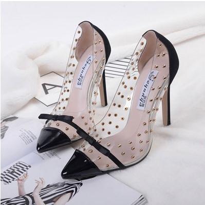 12cmヒール パンプス ピンヒール クリア リボン ハイヒール スタッズ