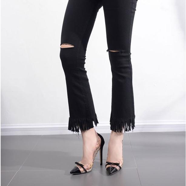 12cmヒール パンプス ピンヒール クリア リボン ハイヒール スタッズ